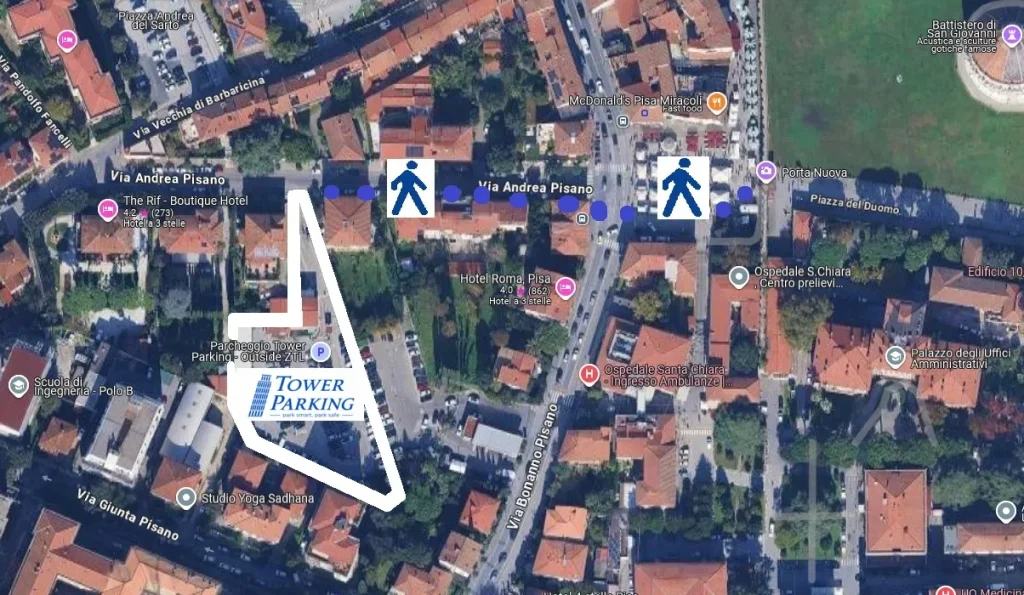 Dal Tower Parking Pisa a Piazza del Duomo in 3 minuti a piedi