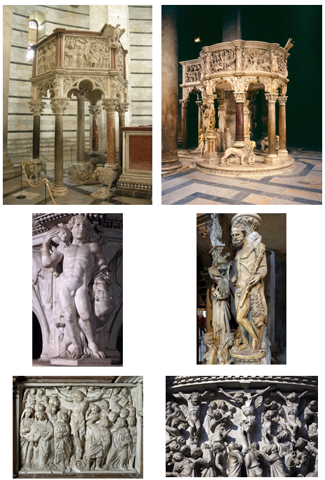 Il pulpito di Nicola Pisano nel Battistero (1255-1260, a sinistra) ed il pulpito di Giovanni Pisano in Cattedrale (1301-1310, a destra) a confronto: assieme – dettaglio delle statue di Ercole – dettaglio dei pannelli con la Crocifissione