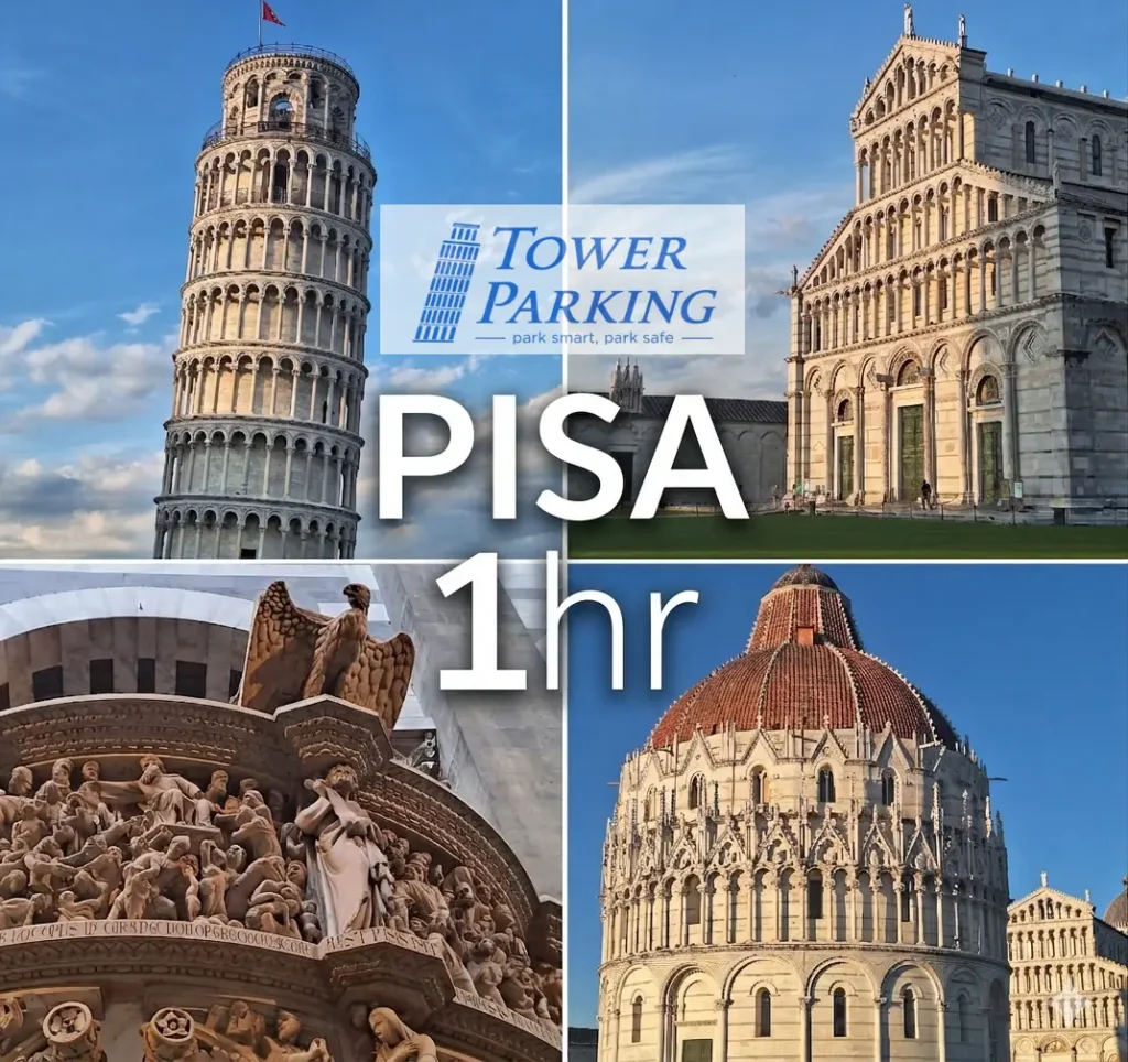 Collage of Pisa attractions for a 1-hour visit—including the Leaning Tower, Cathedral, Baptistery, and pulpit—with a central text overlay reading 'PISA 1hr' and the Tower Parking logo, highlighting secure parking near Piazza dei Miracoli.