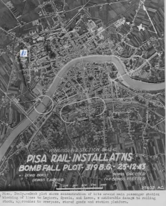 World War II aerial bomb plot map of Pisa from December 25, 1943, with graphic overlays showing the locations of the Leaning Tower of Pisa and Tower Parking facility.