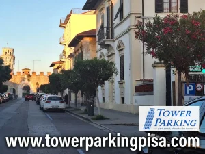 Stepping out of Tower Parking in Pisa and facing the Leaning Tower immediately: the most convenient parking spot for your visit.