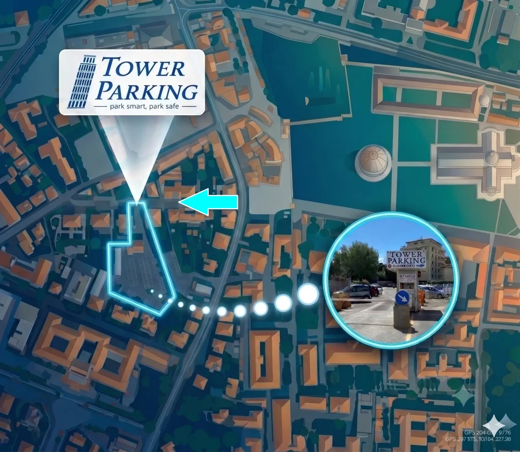 Tower parking aerial view with logo and entrance direction